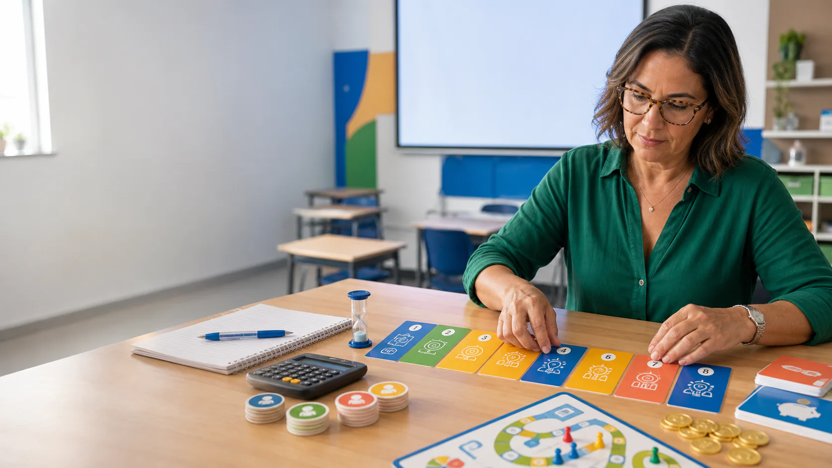 Professora organizando a jornada de oito aulas da Liga